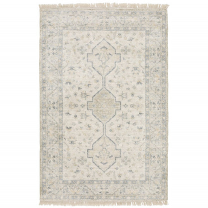 10' X 13' Beige And Charcoal Oriental Hand Loomed Distressed Area Rug With Fringe
