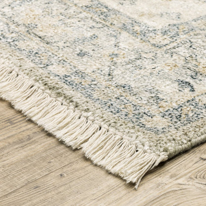 10' X 13' Beige And Charcoal Oriental Hand Loomed Distressed Area Rug With Fringe