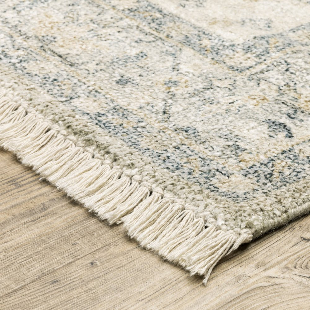 10' X 13' Beige And Charcoal Oriental Hand Loomed Distressed Area Rug With Fringe