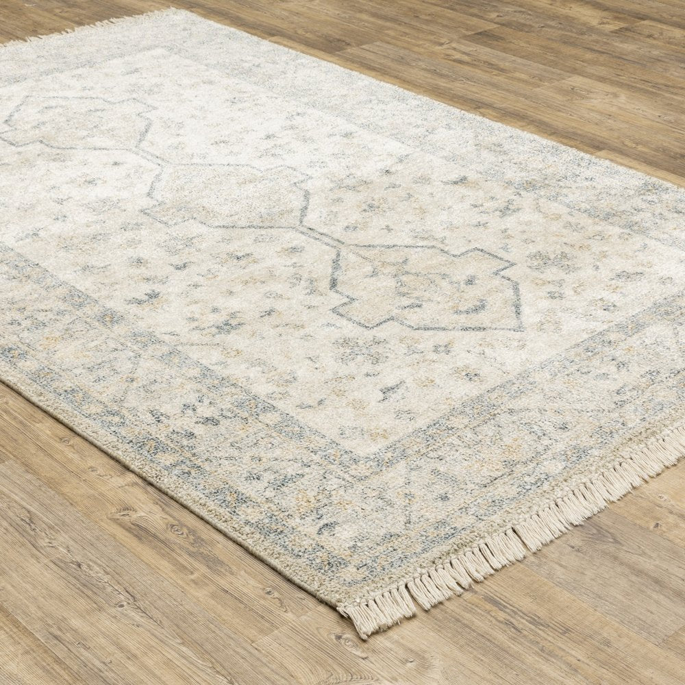 10' X 13' Beige And Charcoal Oriental Hand Loomed Distressed Area Rug With Fringe