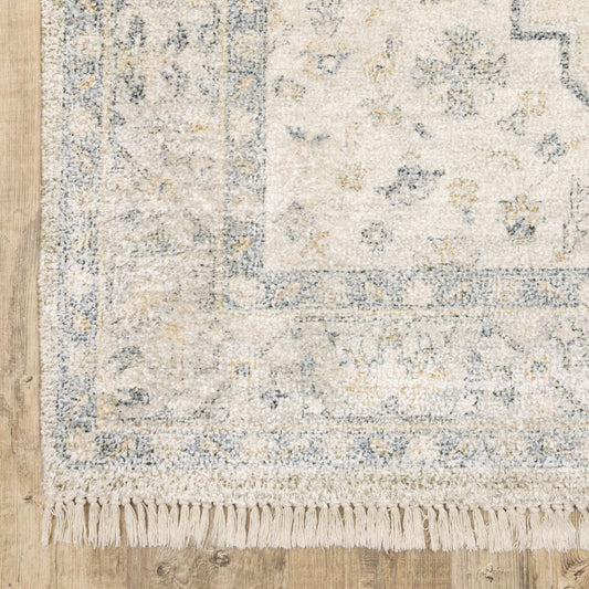 10' X 13' Beige And Charcoal Oriental Hand Loomed Distressed Area Rug With Fringe