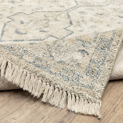 10' X 13' Beige And Charcoal Oriental Hand Loomed Distressed Area Rug With Fringe