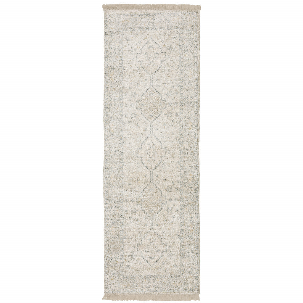 2' X 8' Beige And Charcoal Oriental Hand Loomed Stain Resistant Runner Rug With Fringe