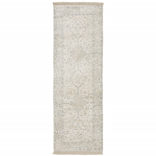 2' X 8' Beige And Charcoal Oriental Hand Loomed Stain Resistant Runner Rug With Fringe