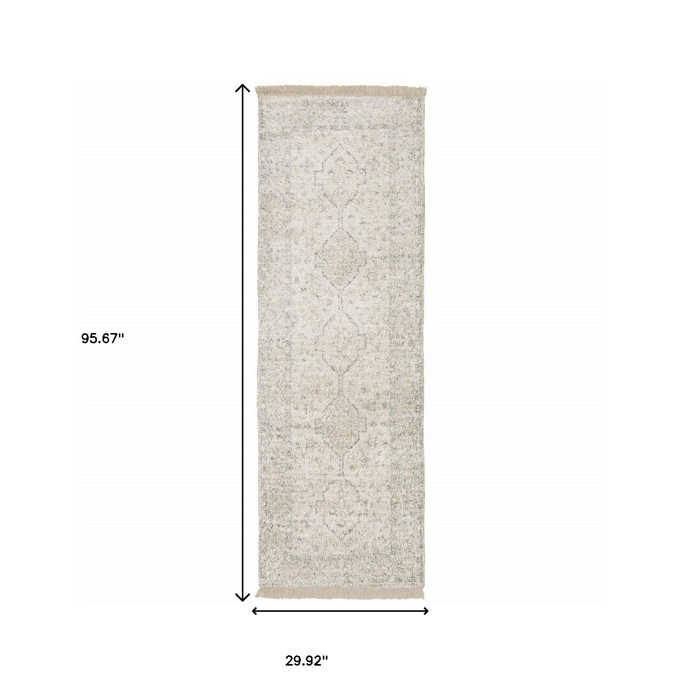 2' X 8' Beige And Charcoal Oriental Hand Loomed Stain Resistant Runner Rug With Fringe