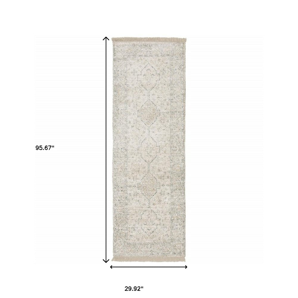 8' Beige And Charcoal Oriental Hand Loomed Distressed Runner Rug With Fringe
