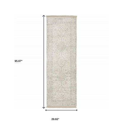 8' Beige And Charcoal Oriental Hand Loomed Distressed Runner Rug With Fringe