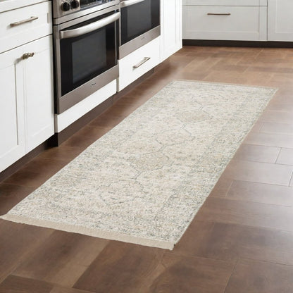 8' Beige And Charcoal Oriental Hand Loomed Distressed Runner Rug With Fringe