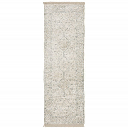 8' Beige And Charcoal Oriental Hand Loomed Distressed Runner Rug With Fringe