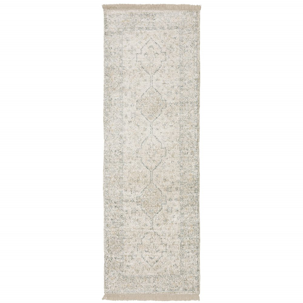 8' Beige And Charcoal Oriental Hand Loomed Distressed Runner Rug With Fringe