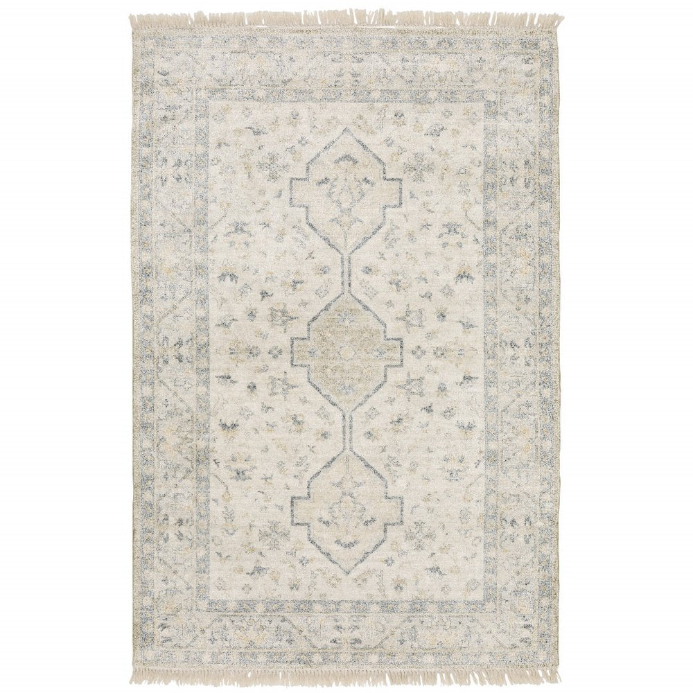 5' X 8' Beige And Charcoal Oriental Hand Loomed Stain Resistant Area Rug With Fringe