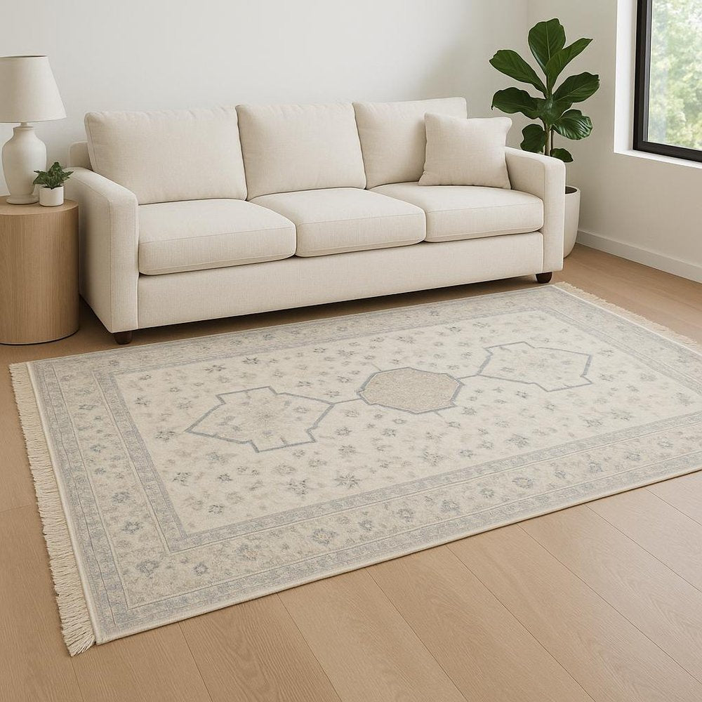8' X 10' Beige And Charcoal Oriental Hand Loomed Stain Resistant Area Rug With Fringe