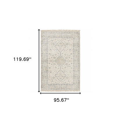 8' X 10' Beige And Charcoal Oriental Hand Loomed Stain Resistant Area Rug With Fringe