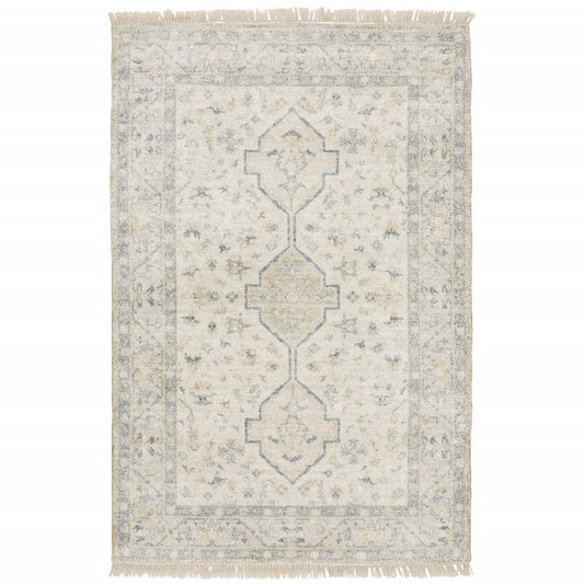 8' X 10' Beige And Charcoal Oriental Hand Loomed Stain Resistant Area Rug With Fringe