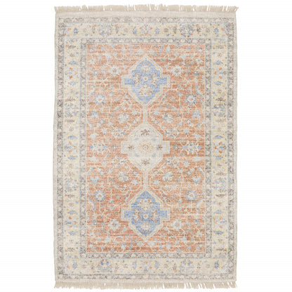 10' X 13' Orange And Blue Oriental Hand Loomed Stain Resistant Area Rug With Fringe