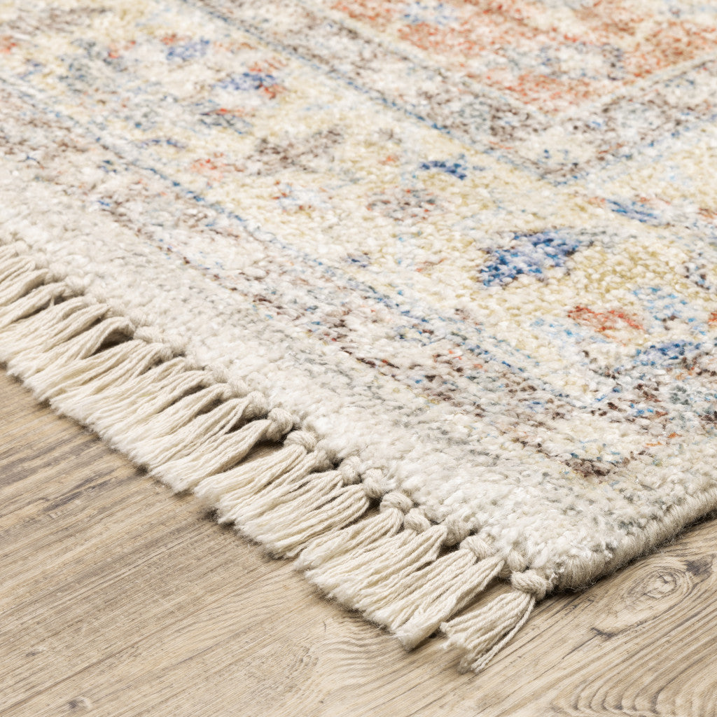 10' X 13' Orange And Blue Oriental Hand Loomed Stain Resistant Area Rug With Fringe