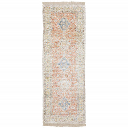 2' X 8' Orange And Blue Oriental Hand Loomed Stain Resistant Runner Rug With Fringe