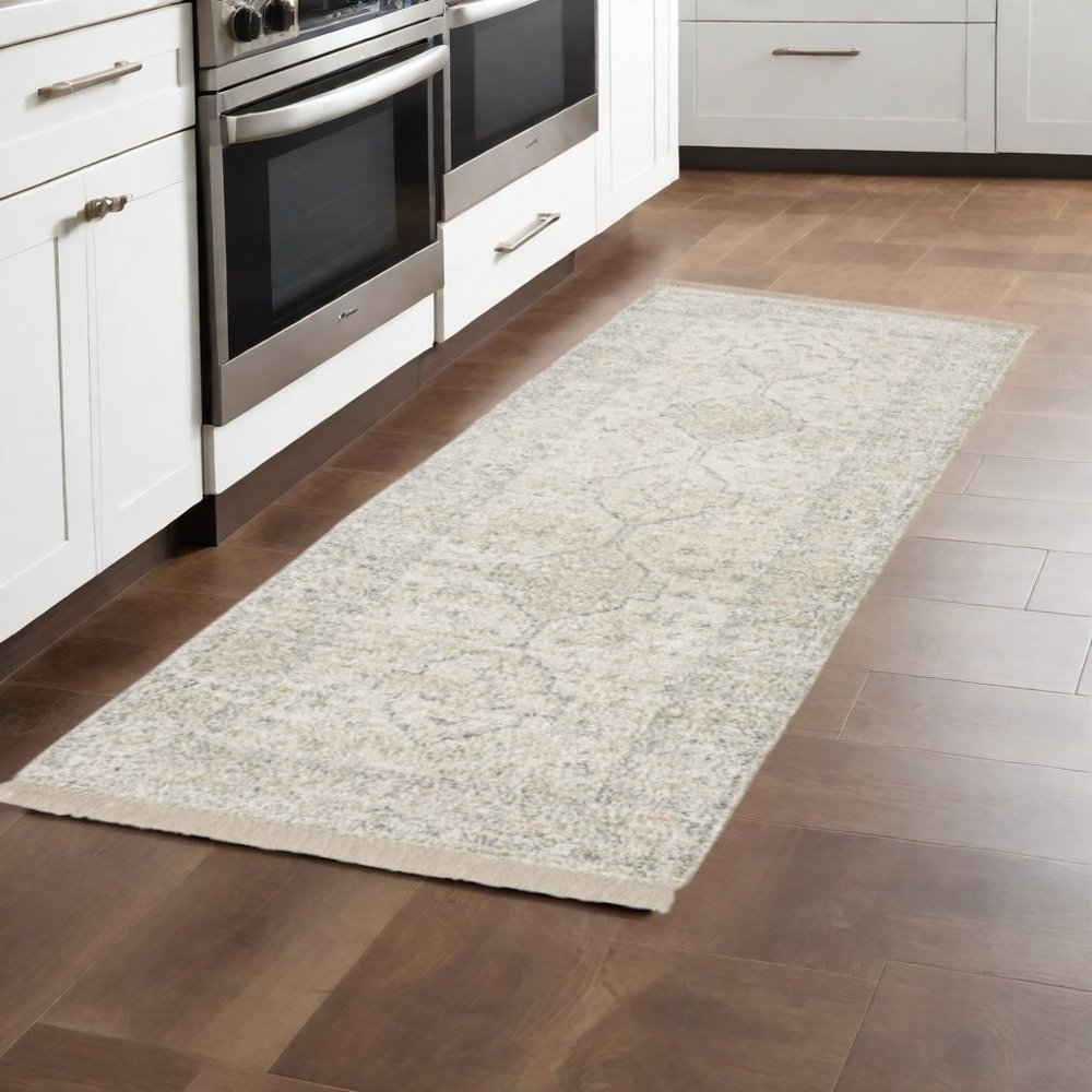 8' Orange And Blue Oriental Hand Loomed Distressed Runner Rug With Fringe