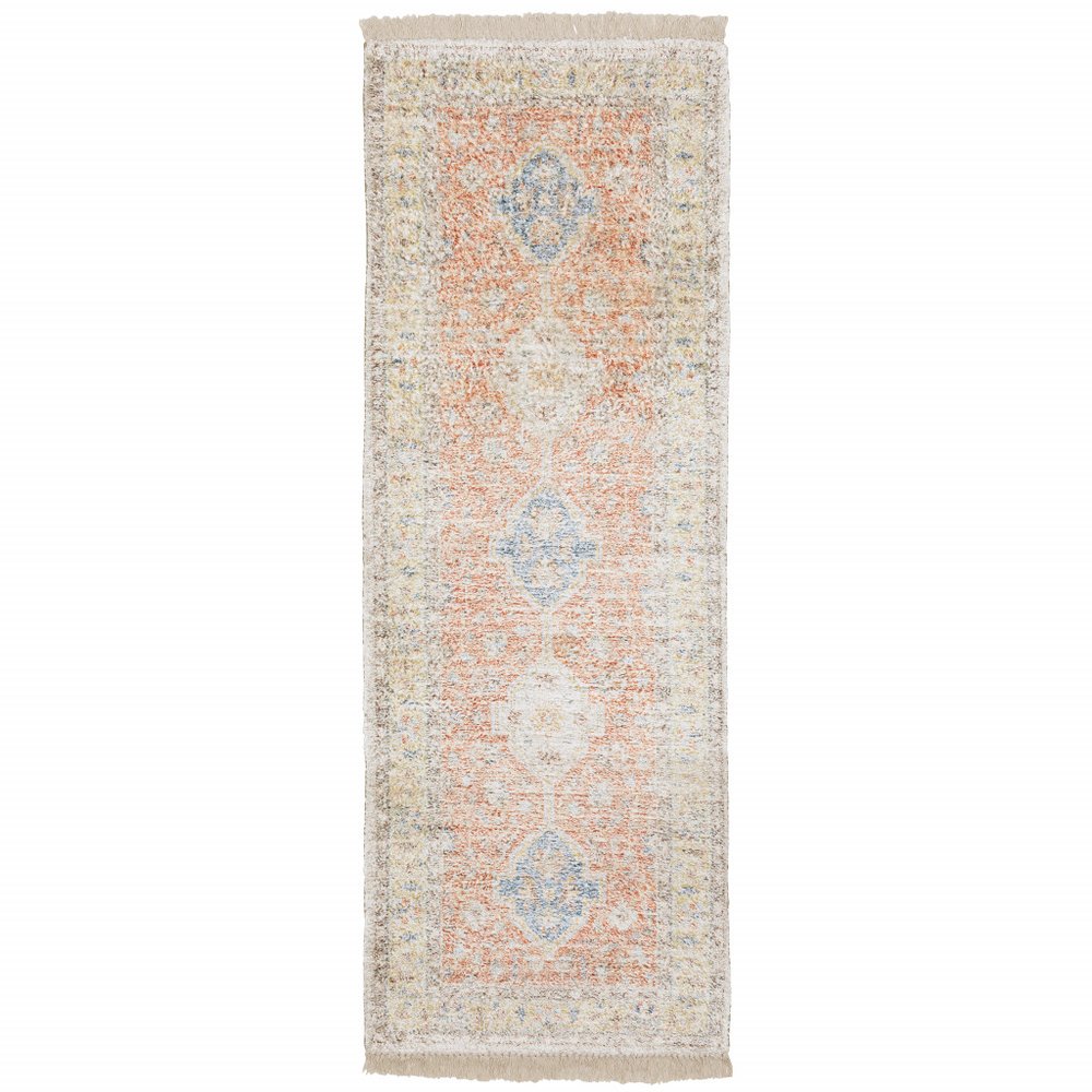 8' Orange And Blue Oriental Hand Loomed Distressed Runner Rug With Fringe