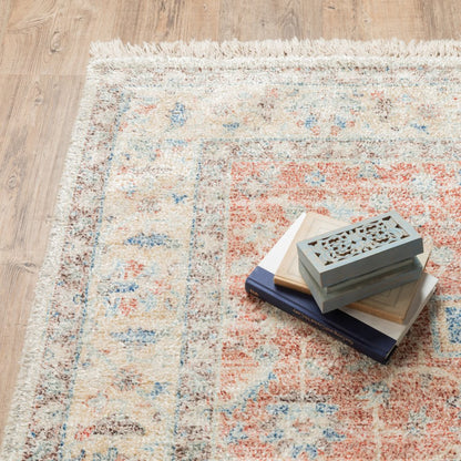 8' Orange And Blue Oriental Hand Loomed Distressed Runner Rug With Fringe