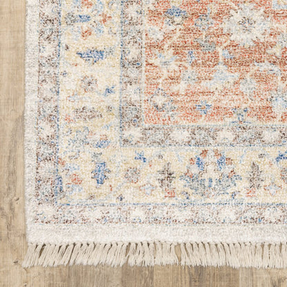 8' Orange And Blue Oriental Hand Loomed Distressed Runner Rug With Fringe