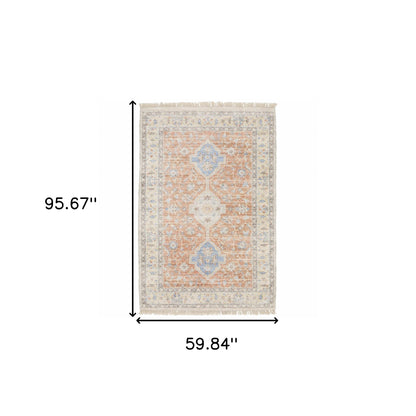 5' X 8' Orange And Blue Oriental Hand Loomed Stain Resistant Area Rug With Fringe