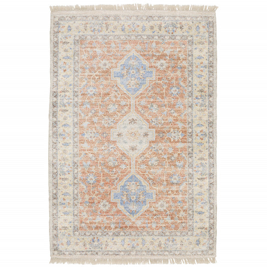 8' X 10' Orange And Blue Oriental Hand Loomed Stain Resistant Area Rug With Fringe