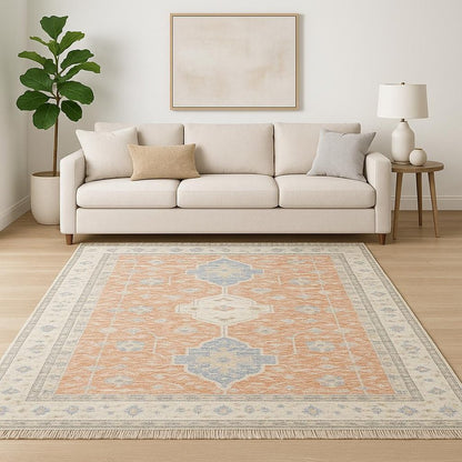 8' X 10' Blue and Orange Oriental Hand Loomed Area Rug With Fringe