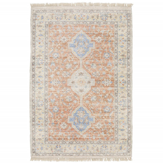 8' X 10' Blue and Orange Oriental Hand Loomed Area Rug With Fringe