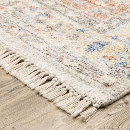 8' X 10' Orange And Blue Oriental Hand Loomed Stain Resistant Area Rug With Fringe