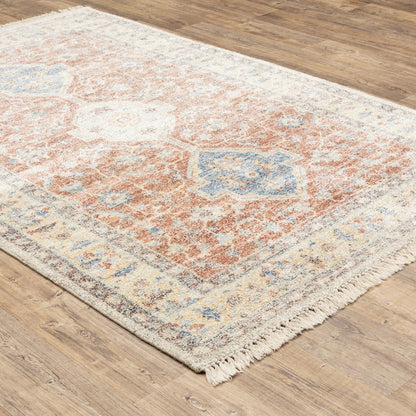 8' X 10' Blue and Orange Oriental Hand Loomed Area Rug With Fringe
