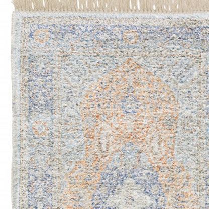 8' Blue And Red Oriental Hand Loomed Distressed Runner Rug With Fringe