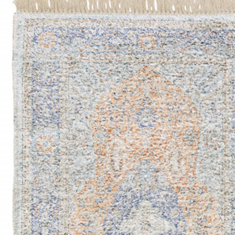 8' Blue And Red Oriental Hand Loomed Distressed Runner Rug With Fringe