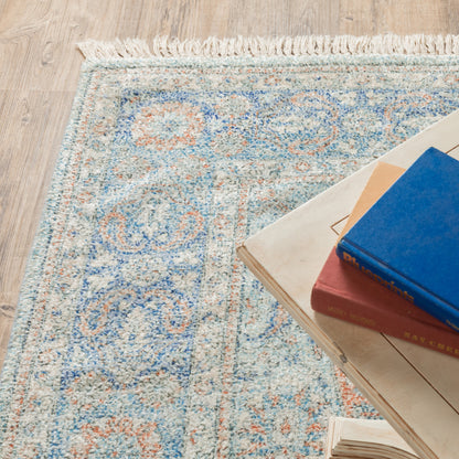 2' X 8' Blue And Red Oriental Hand Loomed Stain Resistant Runner Rug With Fringe