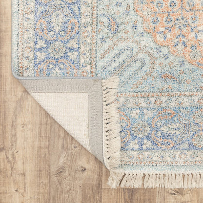 8' Blue And Red Oriental Hand Loomed Distressed Runner Rug With Fringe