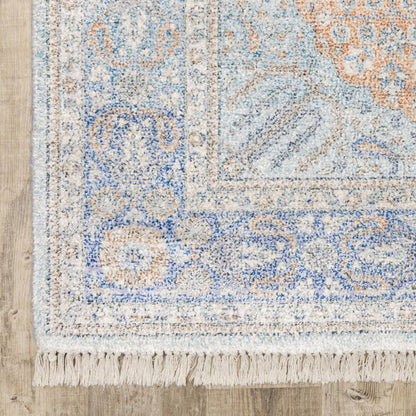8' Blue And Red Oriental Hand Loomed Distressed Runner Rug With Fringe
