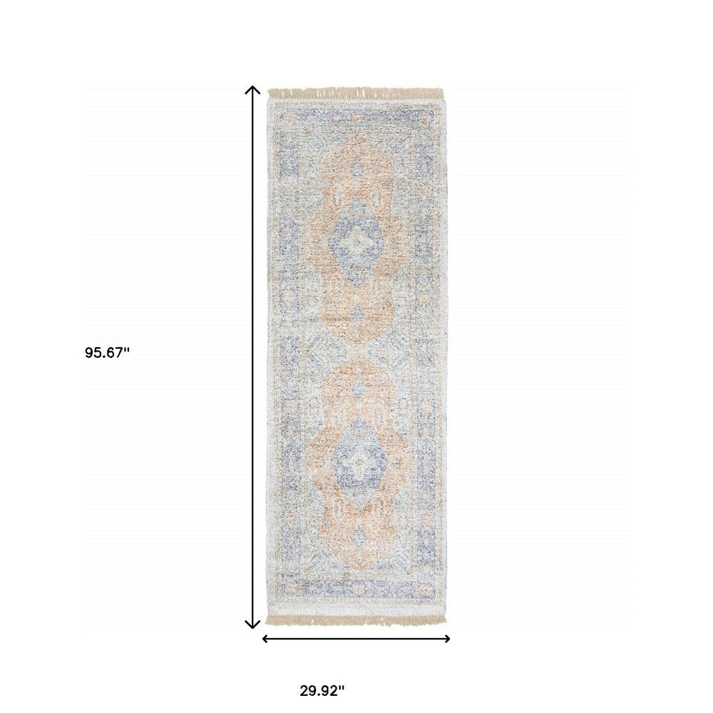 8' Blue And Red Oriental Hand Loomed Distressed Runner Rug With Fringe