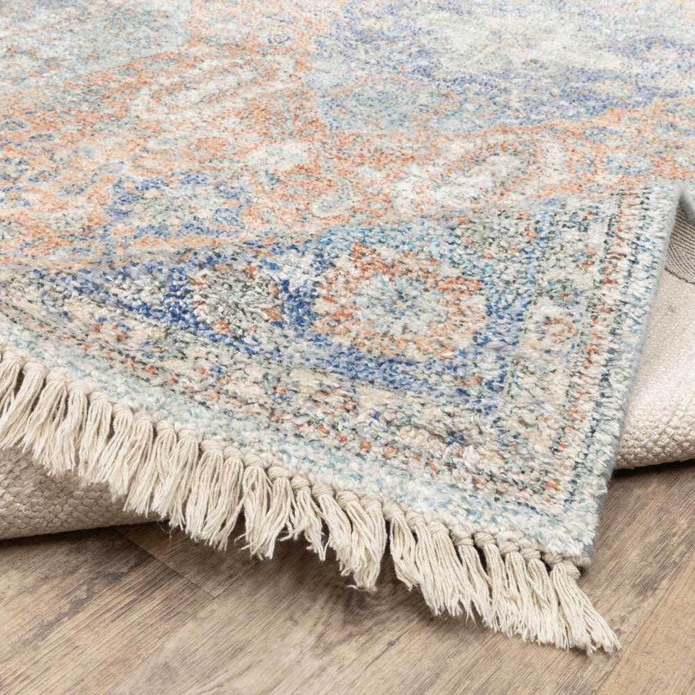 8' Blue And Red Oriental Hand Loomed Distressed Runner Rug With Fringe