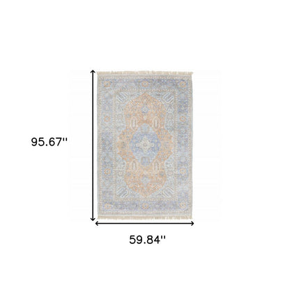5' X 8' Blue And Red Oriental Hand Loomed Stain Resistant Area Rug With Fringe