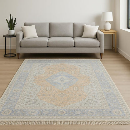 5' X 8' Blue And Red Oriental Hand Loomed Stain Resistant Area Rug With Fringe