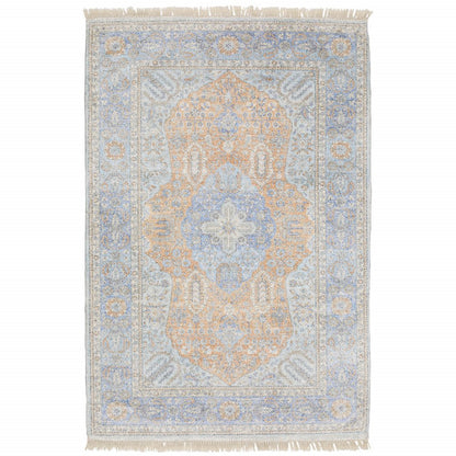 5' X 8' Blue And Red Oriental Hand Loomed Stain Resistant Area Rug With Fringe