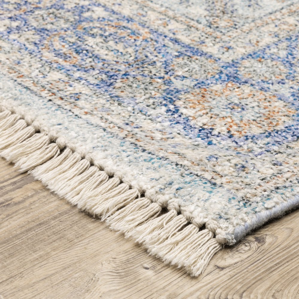 5' X 8' Blue And Red Oriental Hand Loomed Stain Resistant Area Rug With Fringe