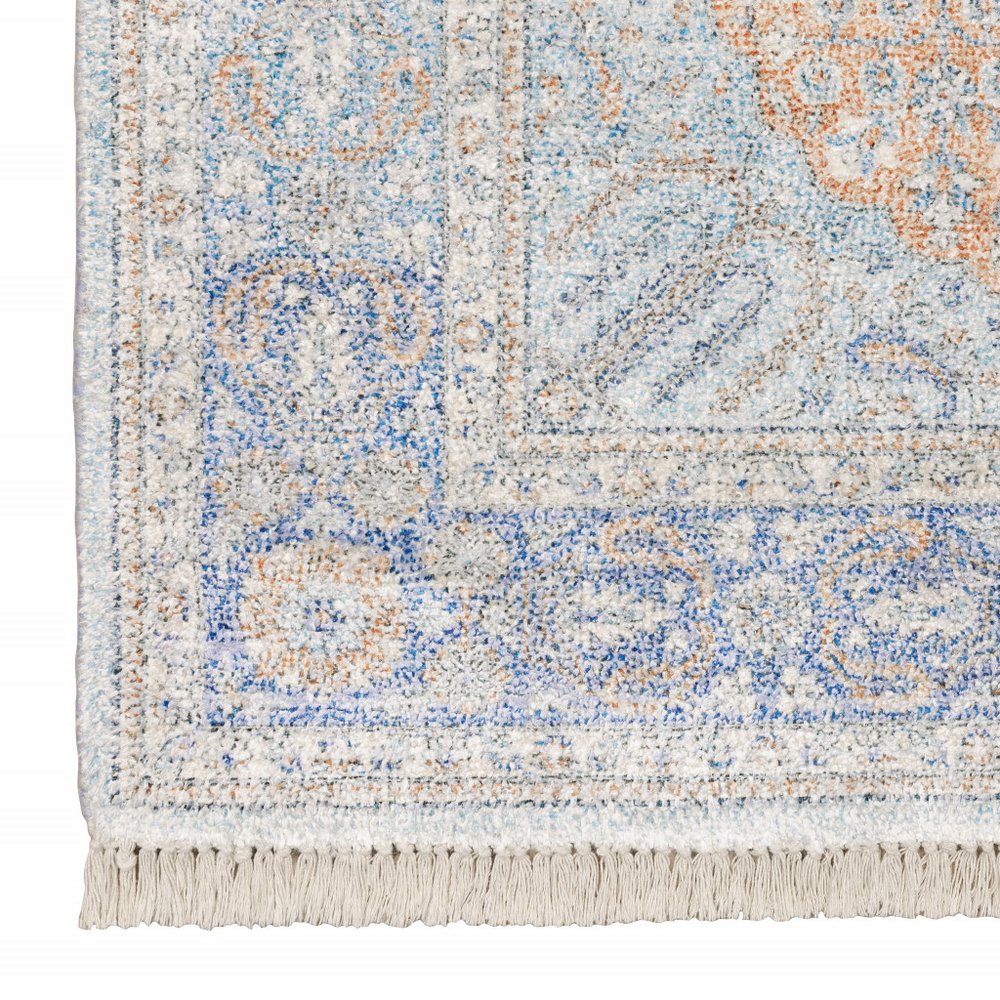 5' X 8' Blue And Red Oriental Hand Loomed Stain Resistant Area Rug With Fringe