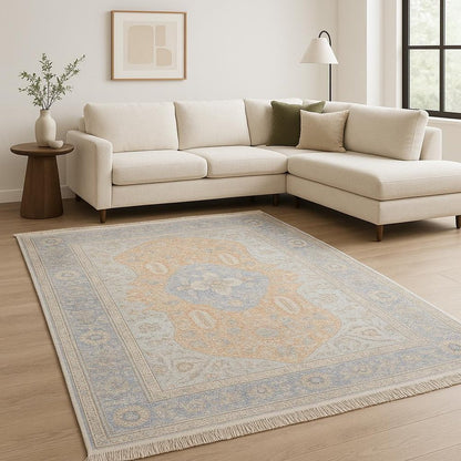 8' X 10' Blue And Red Oriental Hand Loomed Stain Resistant Area Rug With Fringe