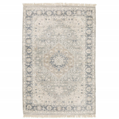 10' X 13' Beige And Grey Oriental Hand Loomed Stain Resistant Area Rug With Fringe