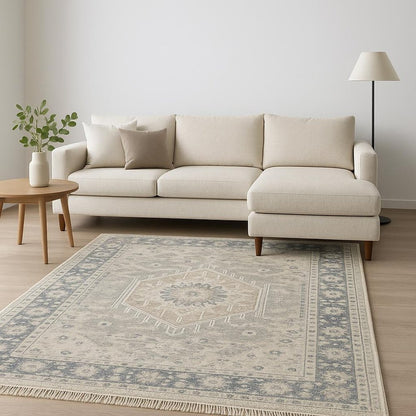 10' X 13' Beige And Grey Oriental Hand Loomed Stain Resistant Area Rug With Fringe