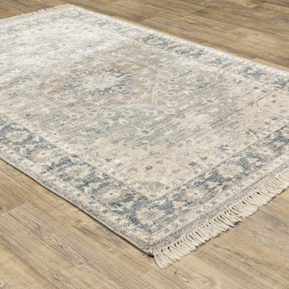 10' X 13' Beige And Grey Oriental Hand Loomed Stain Resistant Area Rug With Fringe