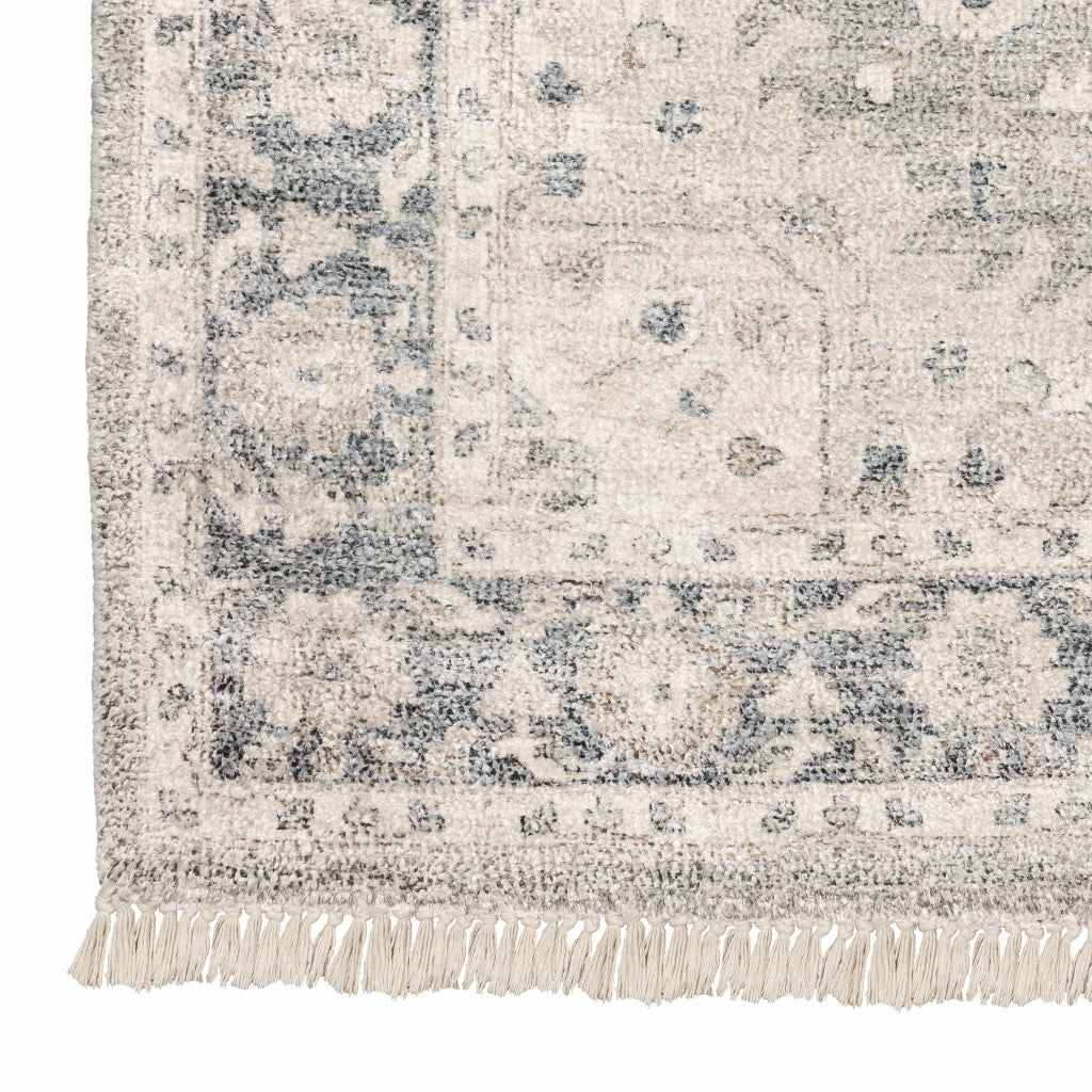 10' X 13' Beige And Grey Oriental Hand Loomed Stain Resistant Area Rug With Fringe