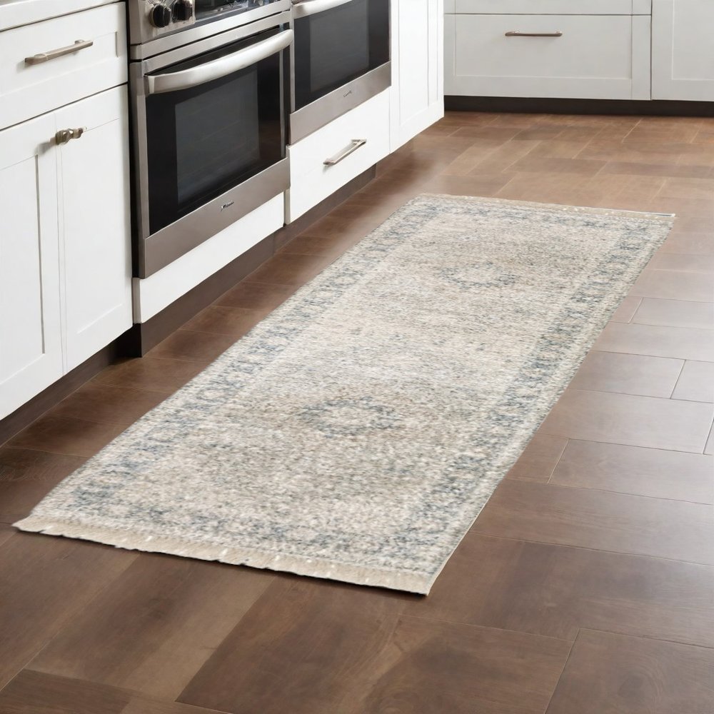 8' Beige And Gray Oriental Hand Loomed Distressed Runner Rug With Fringe