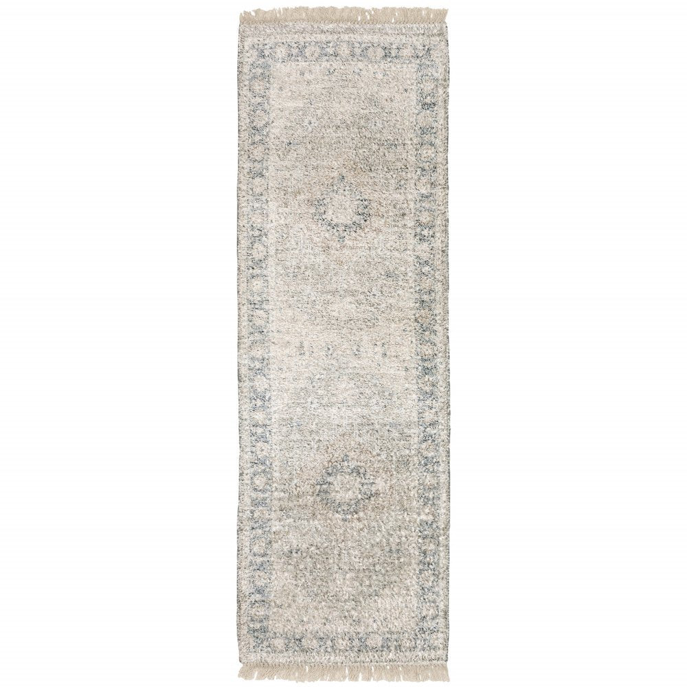 8' Beige And Gray Oriental Hand Loomed Distressed Runner Rug With Fringe